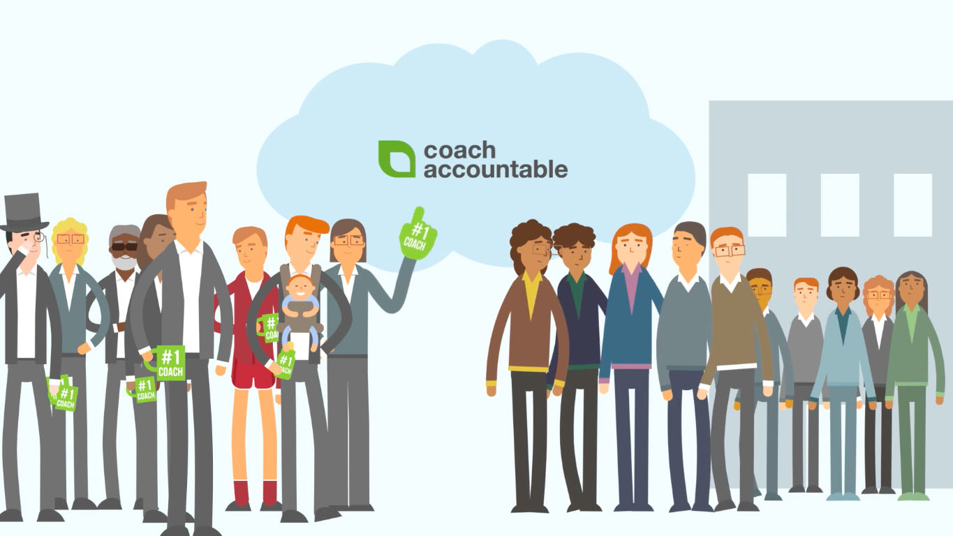 A cartoon scene showing a team of coaches and a collection of clients.  A cloud with the CoachAccountable logo connects them. 