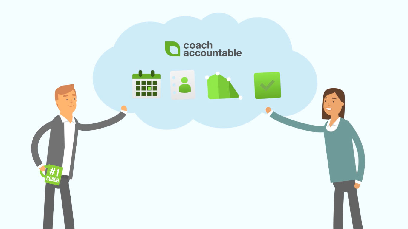 A cartoon scene of a coach and client high-fiving, the CoachAccountable cloud connecting them.
