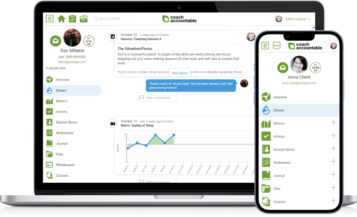 CoachAccountable coaching app as seen on a laptop and a smart phone