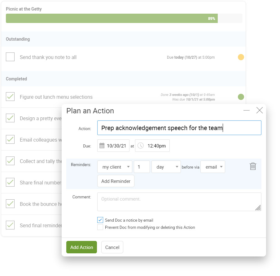 An app screenshot of CoachAccountable Actions and Action Projects