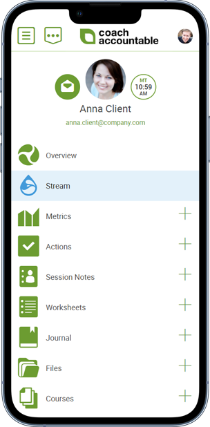 A smartphone showing a client page's main navigation menu, including Overview, Stream, Metrics, Actions, Session Notes, Worksheets, and Journal.