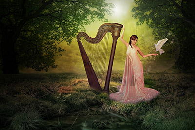 A muse with a harp in a field